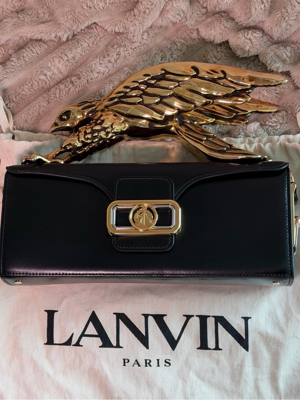 LANVIN RUNWAY Black Leather Shoulder Bag with Gold Bird Hardware